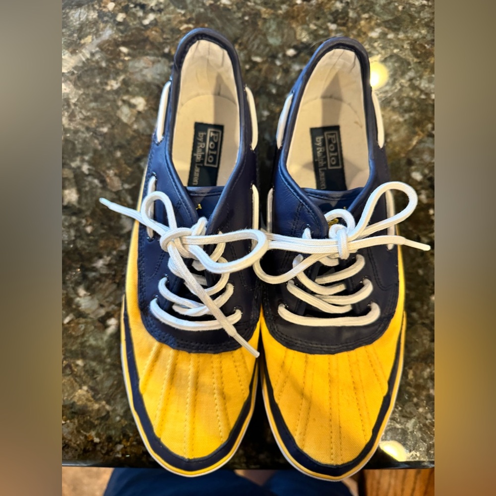 Polo Ralph Lauren Parkside Yellow/Blue Leather/Canvas Deck Sneaker Men Shoe 11.5